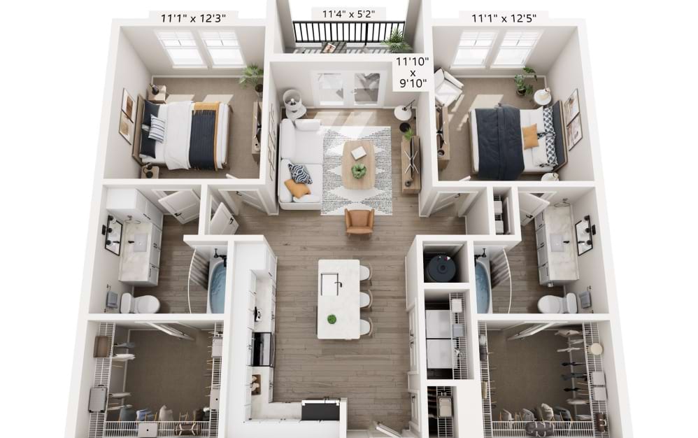 B1 - 2 bedroom floorplan layout with 2 bathrooms and 1080 square feet