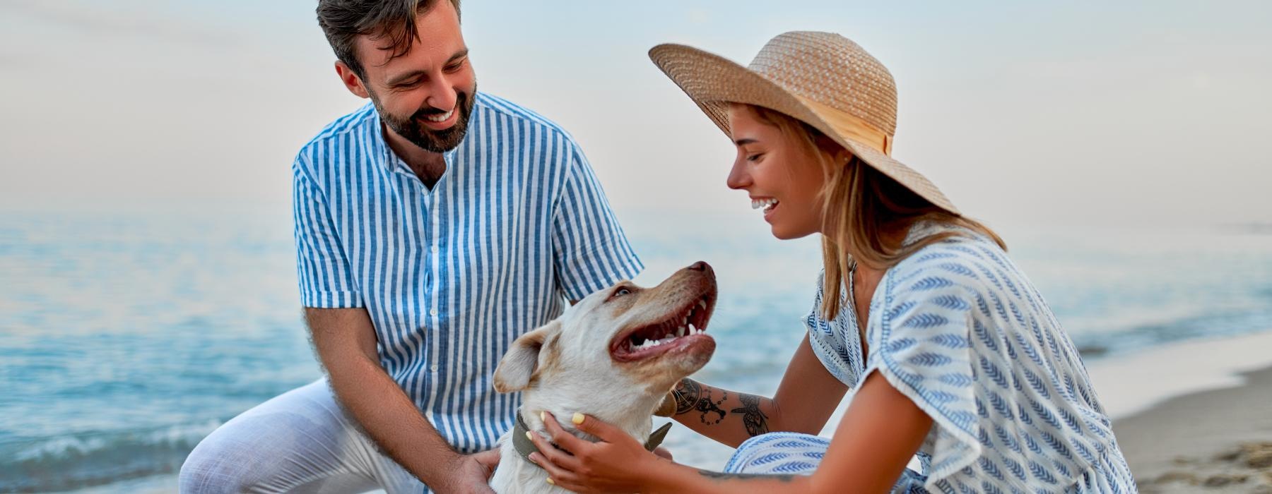 a man and woman holding a dog